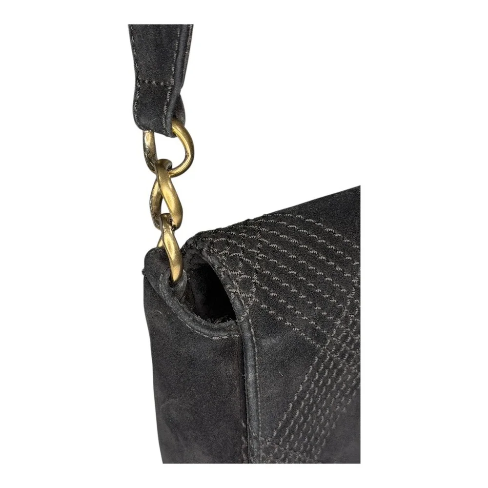 Vintage Chanel Black Suede Quilted Crossbody Bag CC Turnlock Wide Strap